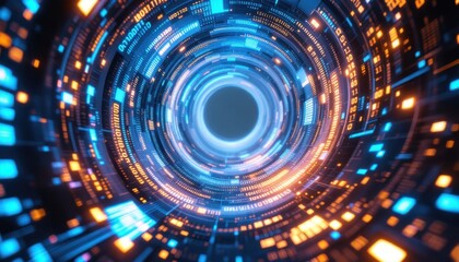 Poster - Futuristic digital data tunnel with blue and orange circuit patterns