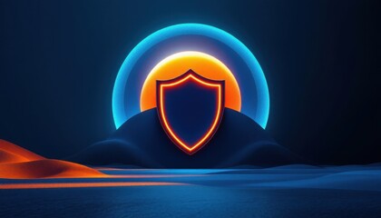 Fototapete - Neon shield emblem on abstract futuristic landscape with glowing rings at night