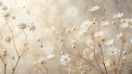 Wall Mural - Delicate Dried Blooms in Soft Beige Hues A Botanical Still Life Featuring Dried Flowers with White Petals and Dried Seed Heads Arranged Against a Muted Background