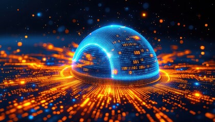 Fototapete - Futuristic digital dome with binary code and glowing orange connections