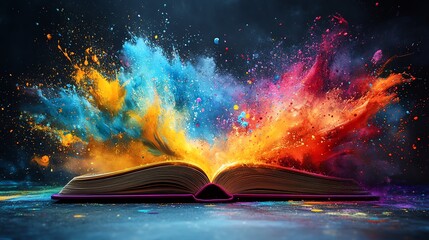 Poster - Open book with colorful paint splashes flowing outwards, vivid and bright hues against a deep black background, artistic explosion, highdetail, ultrarealistic, 8K UHD