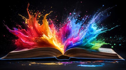 Poster - Open book with vibrant, colorful paint splashes exploding outward on a black background, dynamic and artistic composition, high contrast, ultrarealistic, 8K UHD