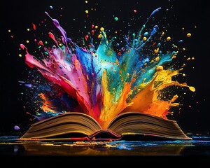 Poster - An open book with vivid, colorful paint splashes bursting from its pages, set against a dark, black background, artistic explosion of color, high detail, 8K UHD