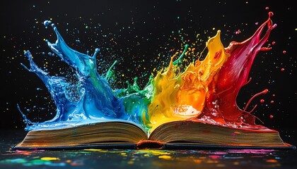 Poster - Colorful paint bursts from an open book on a black background, creating a dynamic and energetic composition of vibrant hues, high contrast, ultrarealistic, 8K UHD