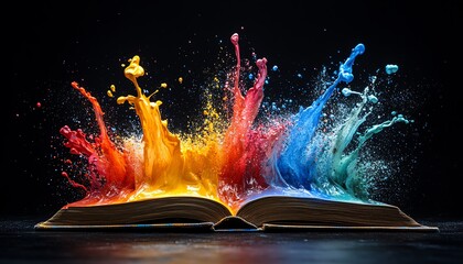 Poster - Colorful paint bursts from an open book on a black background, creating a dynamic and energetic composition of vibrant hues, high contrast, ultrarealistic, 8K UHD