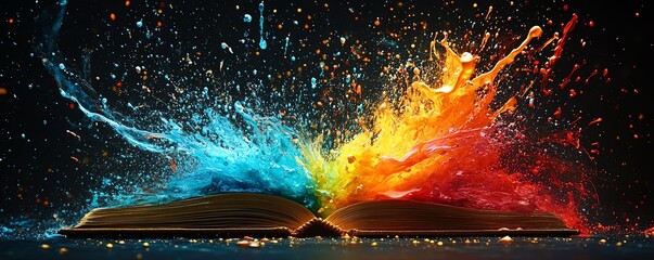 Poster - Colorful paint splashes bursting from an open book, vivid and dynamic, against a dramatic black background, highenergy art, ultrarealistic, 8K UHD