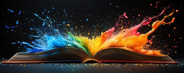 Poster - Colorful paint splashes bursting from an open book, vivid and dynamic, against a dramatic black background, highenergy art, ultrarealistic, 8K UHD