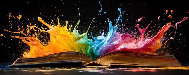 Poster - Colorful paint splashes bursting from an open book, vivid and dynamic, against a dramatic black background, highenergy art, ultrarealistic, 8K UHD