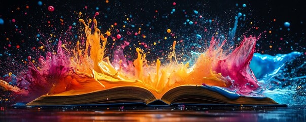 Poster - Colorful paint splashes bursting from an open book, vivid and dynamic, against a dramatic black background, highenergy art, ultrarealistic, 8K UHD