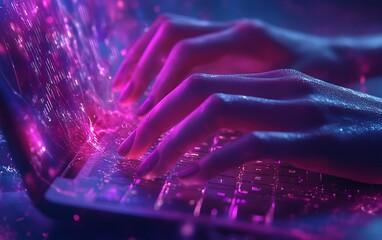 Poster - A womans hands typing swiftly on a sleek laptop