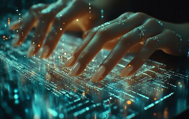 Poster - Closeup of a woman s hands typing rapidly on a laptop, holographic metaverse emerging, intertwined with digital networks and binary code, abstract technology concept, 8K UHD