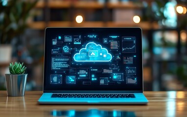 Leinwandbilder - Minimalist workspace with an open laptop displaying a powerful document management software interface, cloudbased digital file storage, and automated recordskeeping features