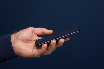 Poster - Smartphone in hand held against dark blue background. Hand holding smartphone displaying blank screen. Smartphone held in hand