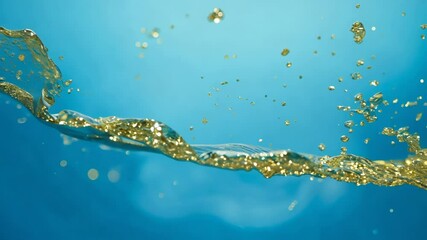 Poster - Dynamic drops of yellow glitter in blue oil or ink diffusing through water, creating an abstract aquatic swirls