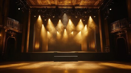 Poster - A black and gold stage with stunning light effects, creating an elegant and grand setting for a performance.