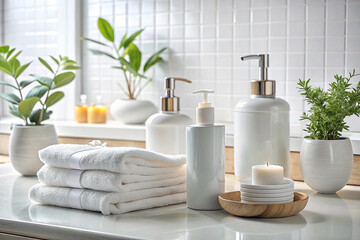 White bathroom, spa products, towels, plants, candles