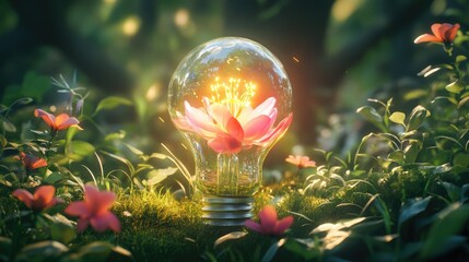 Aufkleber - A bright light bulb with a glowing flower inside, nestled among green grass and bright blooms, blending the beauty of nature with light.