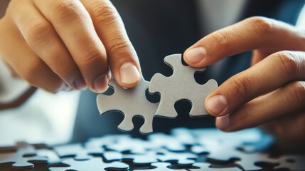Poster - A businessman placing a jigsaw puzzle piece, illustrating the concept of teamwork and partnership in the B2B e-commerce strategy.