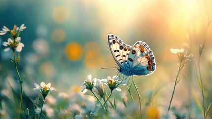 Poster - A butterfly calmly resting on a flower in a lush summer meadow, surrounded by natural beauty and sunlight.