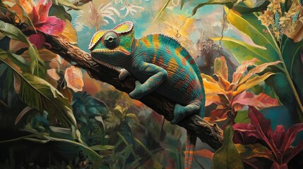 Poster - A chameleon mid-climb on a branch, its colors blending with the tropical environment, demonstrating the art of camouflage in nature.
