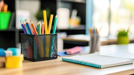 Aufkleber - A close-up of a well-organized desk with student supplies like pencils, notebooks, and a desk organizer, highlighting a productive learning environment.