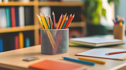 Aufkleber - A close-up of a well-organized desk with student supplies like pencils, notebooks, and a desk organizer, highlighting a productive learning environment.