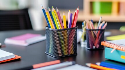 Aufkleber - A close-up of a well-organized desk with student supplies like pencils, notebooks, and a desk organizer, highlighting a productive learning environment.