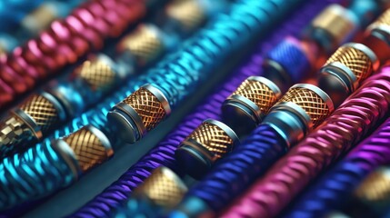 Poster - A close-up of colorful shielded wires with metallic tips, showcasing their intricate design and vibrant hues.