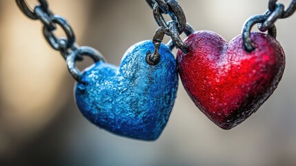 Poster - A close-up of two blue and red hearts interlocked on chains, representing a connection of love and passion in a romantic setting.