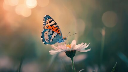 Poster - A close-up shot of a butterfly resting on a blooming flower in a summer meadow, showcasing nature elegance.