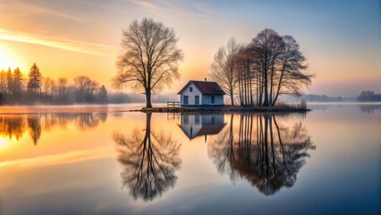 Canvas Print - Serene Sunrise Over Calm Waters Reflecting a Lakeside Cottage and Bare Trees