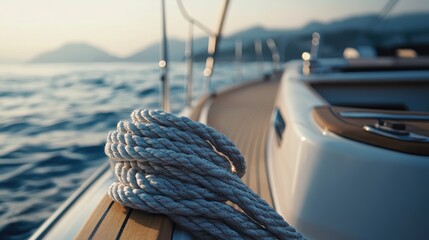 Poster - A close-up shot of a yacht's rope, showcasing its texture and intricate weaving, symbolizing strength and functionality at sea.