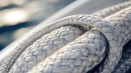 Poster - A close-up shot of a yacht's rope, showcasing its texture and intricate weaving, symbolizing strength and functionality at sea.