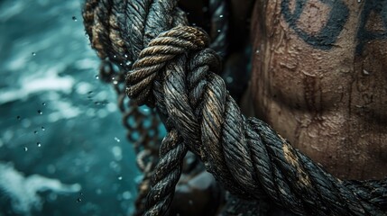 Poster - A close-up view of a rope on a boat at sea, capturing the texture and detail of the knot and weave in the rugged maritime environment.