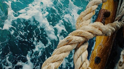 Poster - A close-up view of a rope on a boat at sea, capturing the texture and detail of the knot and weave in the rugged maritime environment.