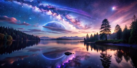 Wall Mural - Serene twilight landscape reflecting a celestial panorama of vibrant nebulae, a majestic planet, and a starry sky over a tranquil lake nestled amidst a dark forest