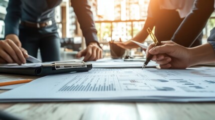 Poster - A construction team discussing financial planning with detailed charts and documents, capturing the strategic aspects of a large-scale construction project.