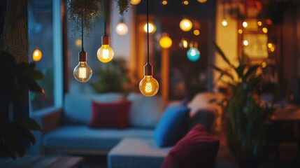 Poster - A cozy evening scene with colorful hanging light bulbs, casting a soft and comforting light over the space, creating a warm ambiance.