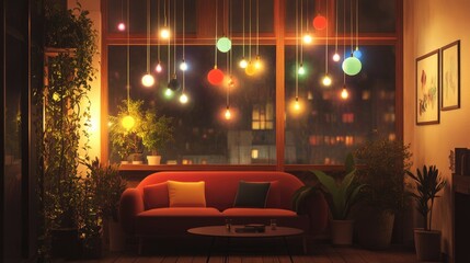 Poster - A cozy evening scene with colorful hanging light bulbs, casting a soft and comforting light over the space, creating a warm ambiance.