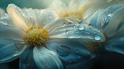 Poster - A detailed close-up of chamomile flowers with water drops on the petals, capturing the delicate beauty of nature.