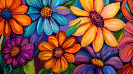 Poster - A detailed close-up of vibrant, abstract flowers with bold and bright colors, creating a mesmerizing and artistic floral composition.
