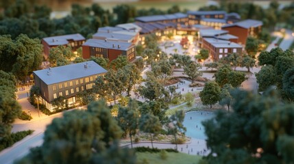 Fototapete - A detailed high-resolution image of a maquette, illustrating a mixed-use development with residential, commercial, and recreational features.
