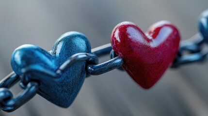 Poster - A detailed shot of interlocking blue and red hearts on chains, symbolizing the bond of love and emotional connection.