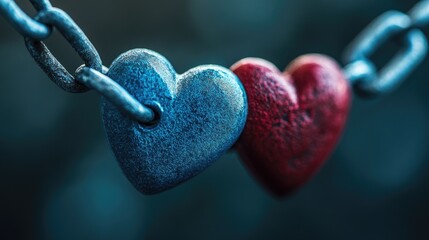 Poster - A detailed shot of interlocking blue and red hearts on chains, symbolizing the bond of love and emotional connection.