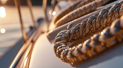 Poster - A detailed view of a yacht rope, capturing the texture and knots, emphasizing the craftsmanship and durability needed for sailing.