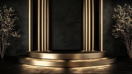Poster - A dramatic black and gold podium with light effects, setting a luxurious tone for a prestigious event.