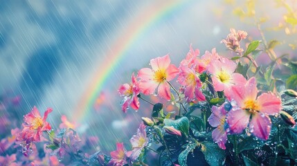 Poster - A dreamy scene of colorful Asian winter flowers under rain and fog, with a soft rainbow adding a touch of romance.