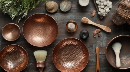 Poster - A flat lay image of copper bowls, brushes, and decorative items, creatively arranged to highlight texture and elegance.