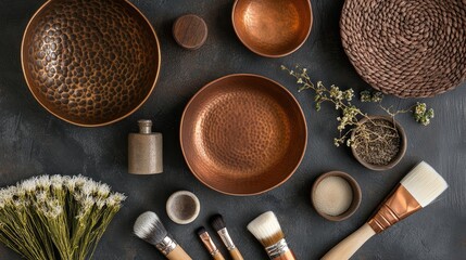 Poster - A flat lay image of copper bowls, brushes, and decorative items, creatively arranged to highlight texture and elegance.