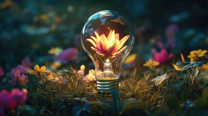 Poster - A glowing flower inside a light bulb, set against a backdrop of lush grass and colorful blooms, combining nature with a modern twist.